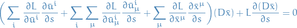 \begin{equation*}
\bigg( \sum_{i}^{} \pdv{L}{\bar{u}^i} \pdv{\bar{u}^i}{s} + \sum_{i}^{} \sum_{\mu}^{} \pdv{L}{\bar{u}_{\mu}^i} \pdv{\bar{u}_{\mu}^i}{s} + \sum_{\mu} \pdv{L}{\bar{x}^{\mu}} \pdv{\bar{x}^{\mu}}{s} \bigg) (D \bar{x}) + L \pdv{(D \bar{x})}{s} = 0
\end{equation*}
