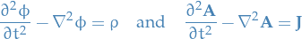 \begin{equation*}
\pdv[2]{\phi}{t} - \nabla^2 \phi = \rho \quad \text{and} \quad \pdv[2]{\mathbf{A}}{t} - \nabla^2 \mathbf{A} = \mathbf{J}
\end{equation*}
