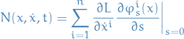 \begin{equation*}
N(x, \dot{x}, t) = \sum_{i=1}^{n} \frac{\partial L}{\partial \dot{x}^i} \frac{\partial \varphi_s^i(x)}{\partial s} \bigg|_{s = 0}
\end{equation*}
