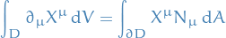 \begin{equation*}
\int_D \partial_{\mu} X^{\mu} \dd{V} = \int_{\partial D} X^{\mu} N_{\mu} \dd{A}
\end{equation*}
