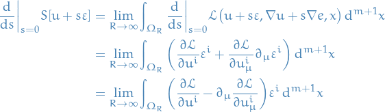 \begin{equation*}
\begin{split}
 \dv{}{s} \bigg|_{s = 0} S[u + s \varepsilon] &amp;= \lim_{R \to \infty} \int_{\Omega_R} \dv{}{s} \bigg|_{s = 0} \mathcal{L} \big( u + s \varepsilon, \nabla u + s \nabla e, x \big) \dd[m + 1]{x} \\
 &amp;= \lim_{R \to \infty} \int_{\Omega_R} \bigg( \pdv{\mathcal{L}}{u^i} \varepsilon^i + \pdv{\mathcal{L}}{u_{\mu}^i} \partial_{\mu} \varepsilon^i \bigg) \dd[m + 1]{x} \\
 &amp;= \lim_{R \to \infty} \int_{\Omega_R} \bigg( \pdv{\mathcal{L}}{u^i} - \partial_{\mu} \pdv{\mathcal{L}}{u_{\mu}^i} \bigg) \varepsilon^i \dd[m + 1]{x}
\end{split}
\end{equation*}
