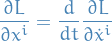 \begin{equation*}
\frac{\partial L}{\partial x^i} = \frac{d}{dt} \frac{\partial L}{\partial \dot{x}^i}
\end{equation*}
