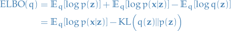 \begin{equation*}
\begin{split}
      \text{ELBO}(q) &amp;= \mathbb{E}_q[\log p(\mathbf{z})] + \mathbb{E}_q[\log p(\mathbf{x} | \mathbf{z})] - \mathbb{E}_q[\log q(\mathbf{z})] \\
      &amp;= \mathbb{E}_q[\log p(\mathbf{x} | \mathbf{z})] - \text{KL} \Big( q(\mathbf{z}) || p(\mathbf{z}) \Big)
\end{split}
\end{equation*}
