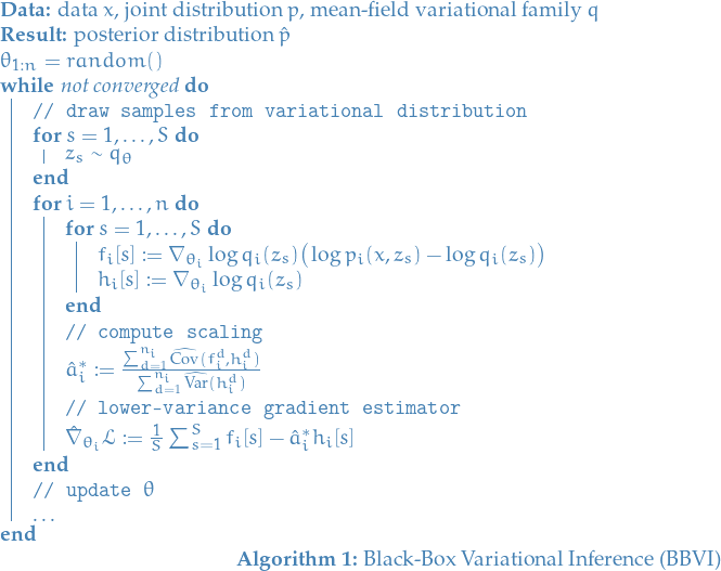 \begin{algorithm*}[H]
  \KwData{data $x$, joint distribution $p$, mean-field variational family $q$}
  \KwResult{posterior distribution $\hat{p}$}
  \theta_{1:n} = random() \\
  \While{not converged} {
    \tcp{draw samples from variational distribution}
    \For{$s = 1, \dots, S$} {
      $z_s \sim q_{\theta}$
    }

    \For{$i = 1, \dots, n$} {
      \For{$s = 1, \dots, S$} {
        $f_i[s] := \nabla_{\theta_i} \log q_{i} (z_s) \big( \log p_i(x, z_s) - \log q_i(z_s) \big)$ \\
        $h_i[s] := \nabla_{\theta_i} \log q_i(z_s)$
      }

      \tcp{compute scaling}
      $\hat{a}_i^* := \frac{\sum_{d=1}^{n_i} \widehat{\Cov}(f_i^d, h_i^d)}{\sum_{d = 1}^{n_i} \widehat{\Var}(h_i^d)}$ \\

      \tcp{lower-variance gradient estimator}
      $\hat{\nabla}_{\theta_i} \mathcal{L} := \frac{1}{S} \sum_{s=1}^{S} f_i[s] - \hat{a}_i^* h_i[s]$
    }
    \tcp{update $\theta$}
    $\dots$
  }
  \caption{Black-Box Variational Inference (BBVI)}
\end{algorithm*}
