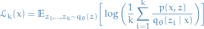 \begin{equation*}
\mathcal{L}_k(x) = \mathbb{E}_{z_1, \dots, z_k \sim q_{\theta}(z)} \bigg[ \log \bigg( \frac{1}{k} \sum_{i=1}^{k} \frac{p(x, z)}{q_{\theta}(z_i \mid x)} \bigg) \bigg]
\end{equation*}
